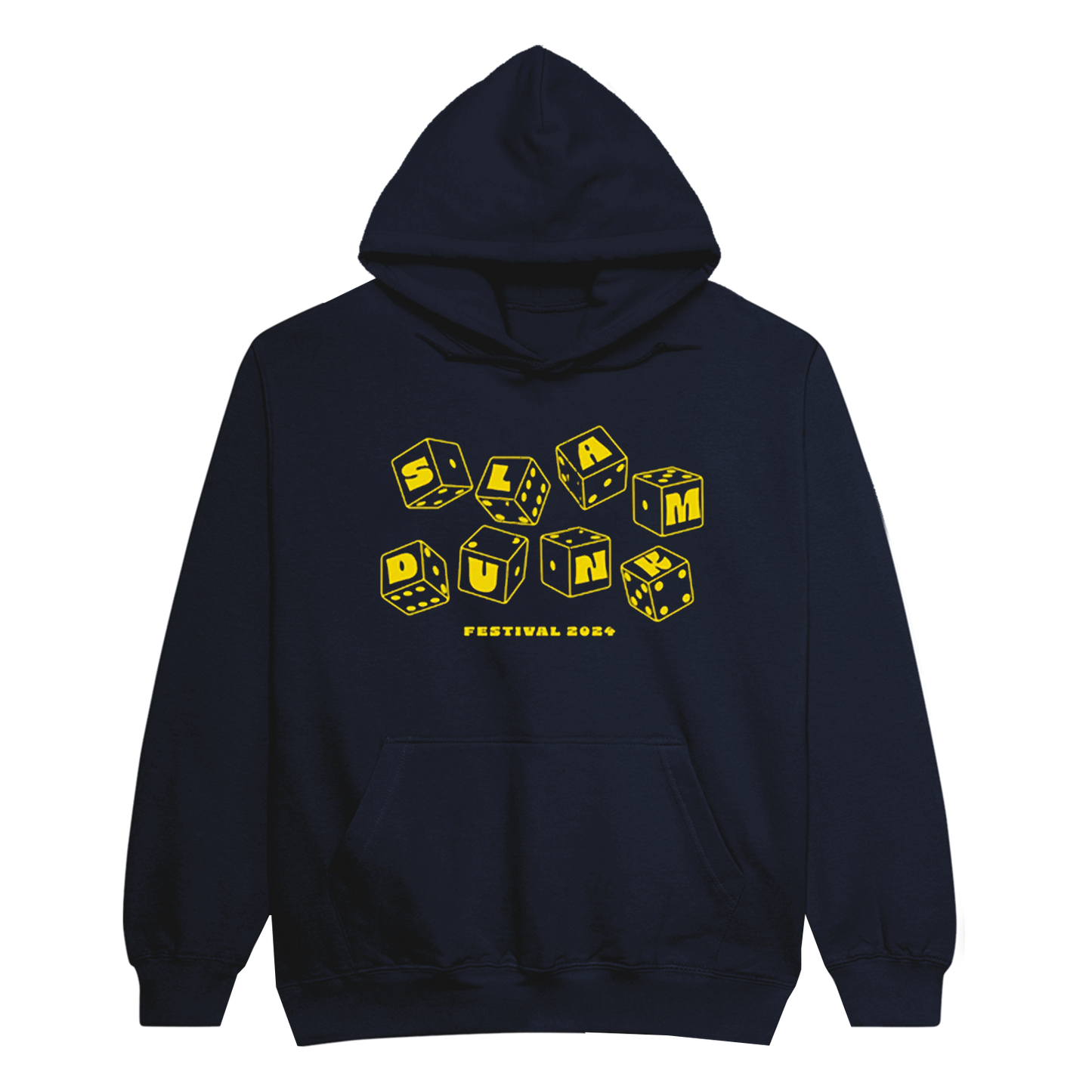Navy Dice Hoodie with yellow cube-shaped letters spelling FARM PUNK in unisex fit