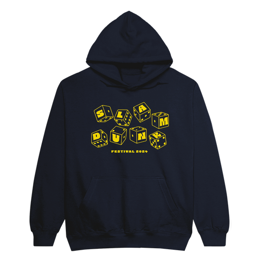 Navy Dice Hoodie with yellow cube-shaped letters spelling FARM PUNK in unisex fit
