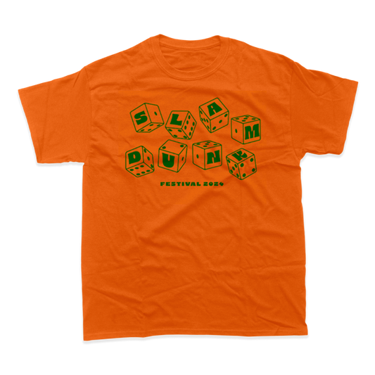 Bright orange unisex fit Dice T-Shirt with printed design spelling SLAM DUNK on back