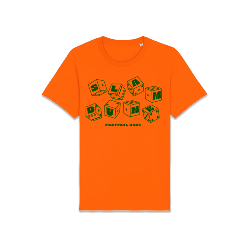 Bright orange unisex dice t-shirt featuring printed design of green cubes spelling SLAM DUNK