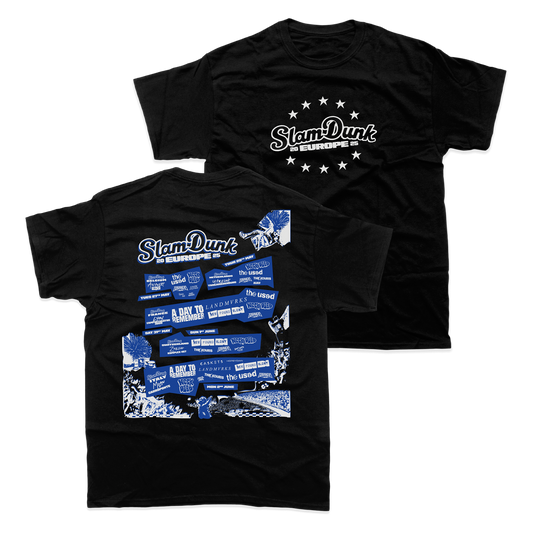 Black event t-shirt with white graphics for 2025 Europe Event T-Shirt collection