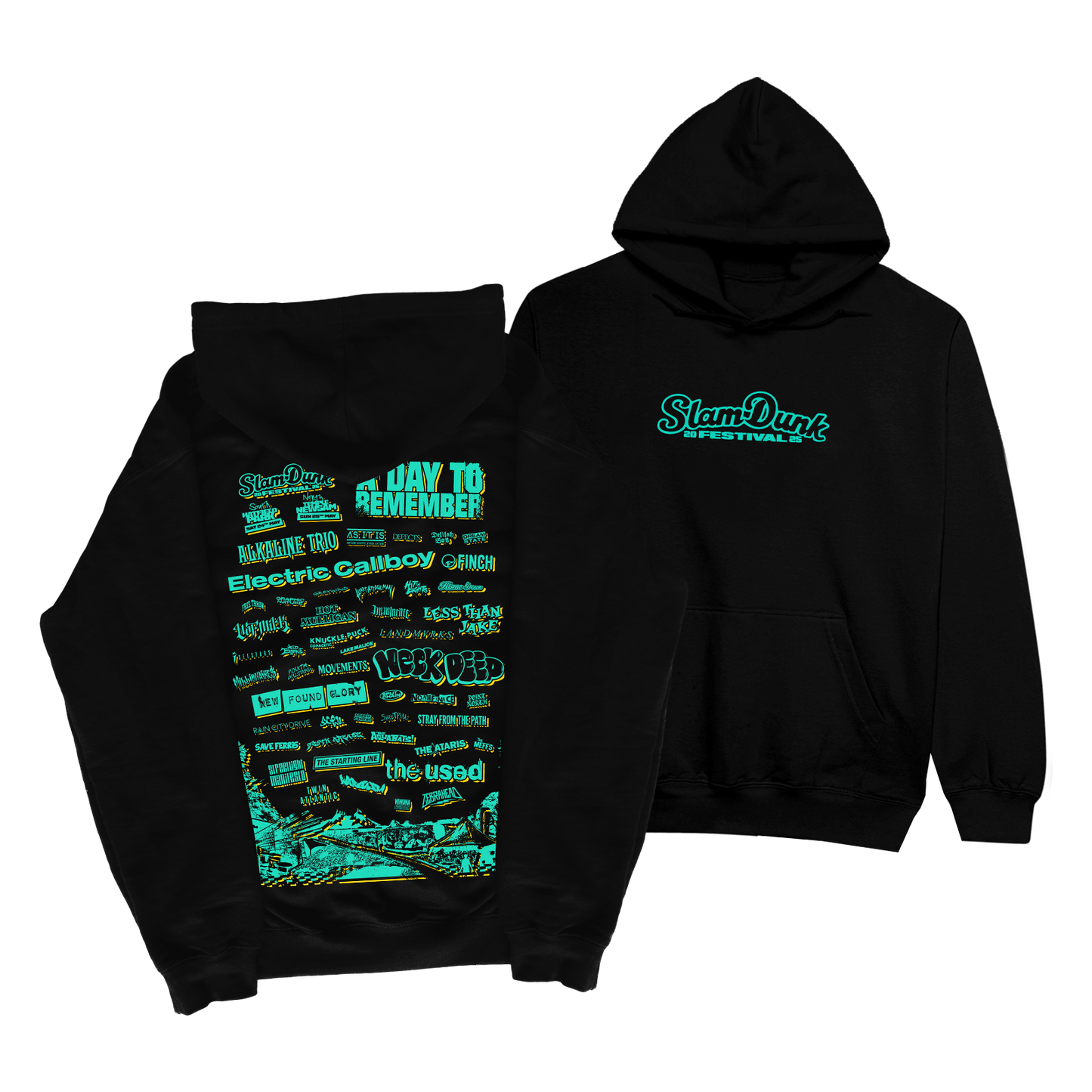 Black event hoodie with band names made from soft cotton poly blend for casual style
