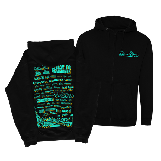 Black hooded sweatshirt with band names, 2025 EVENT ZIP HOODIE (BLACK), stylish zip hoodie