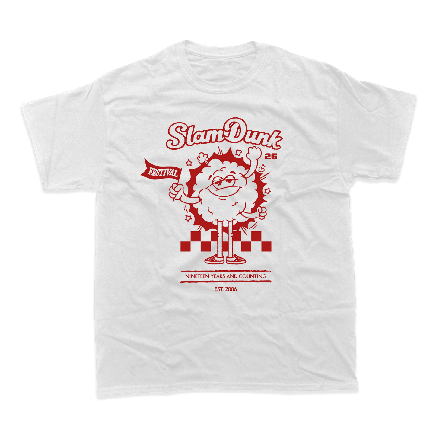 White mascot t-shirt with red cartoon graphic for 2025 MASCOT T-SHIRT (WHITE)