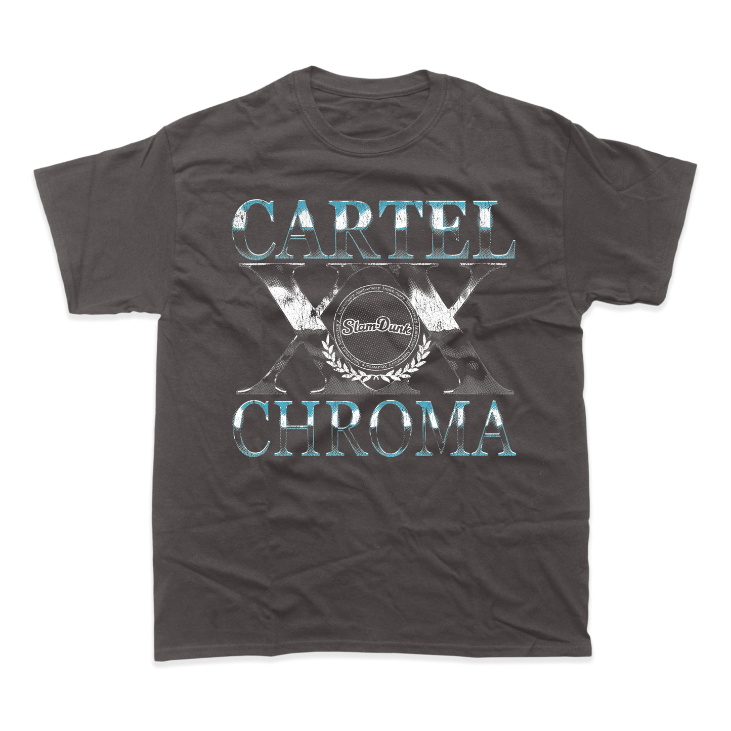 Dark gray slam dunk t-shirt with distressed metallic silver and teal cartel x slam graphic and laurel wreath design