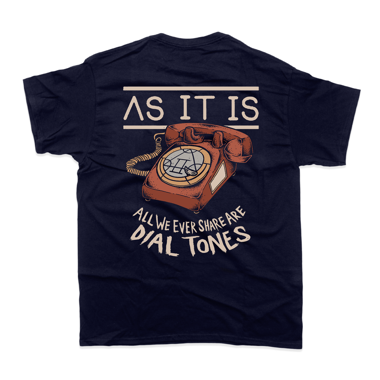 Navy blue Dial Tones T-shirt featuring retro telephone printed design on back