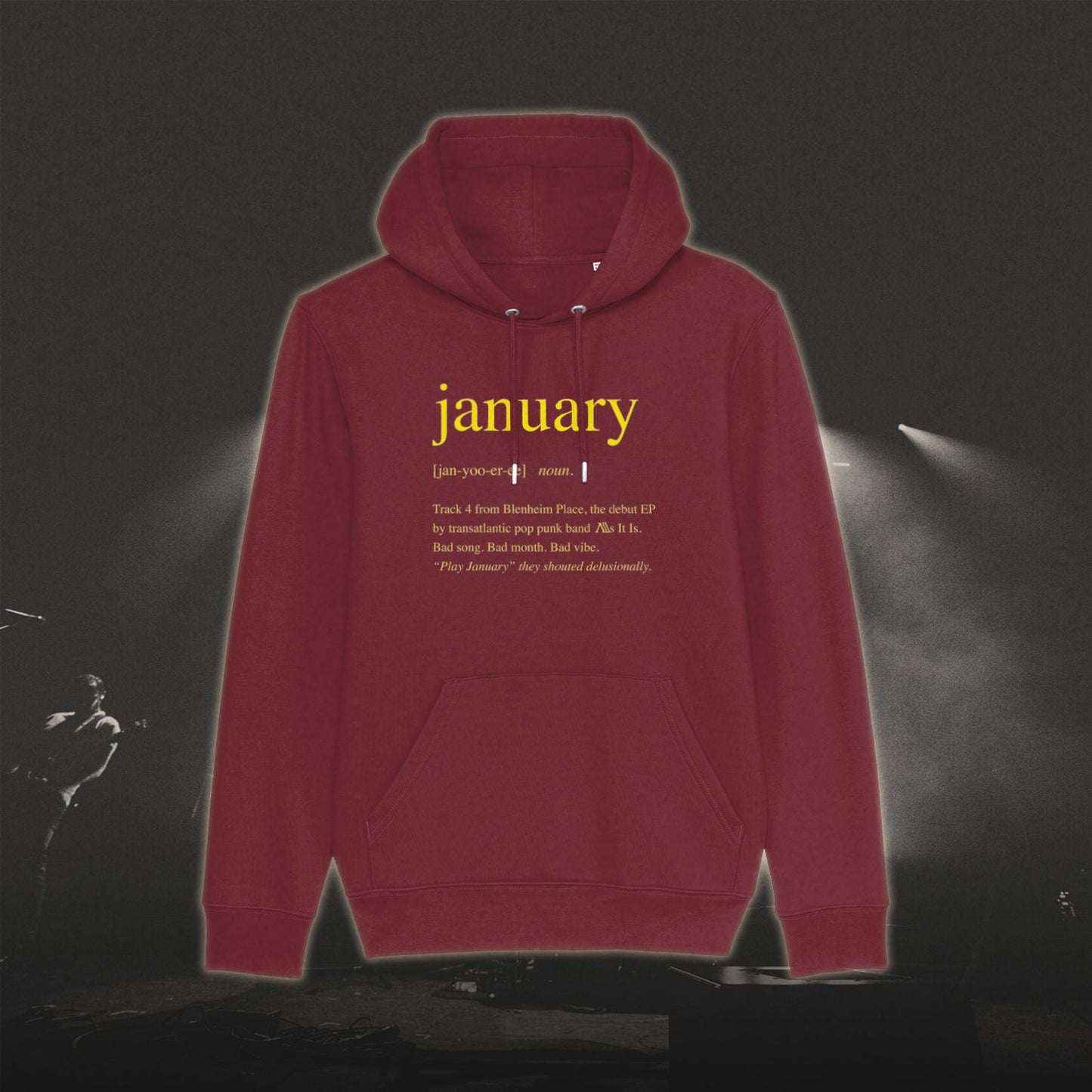 Burgundy January hoodie with printed design in unisex fit displayed in AS IT IS JANUARY HOODIE product