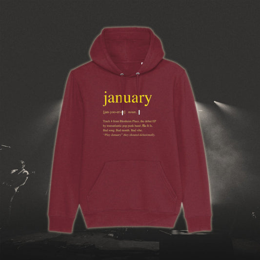 Burgundy January hoodie with printed design in unisex fit displayed in AS IT IS JANUARY HOODIE product