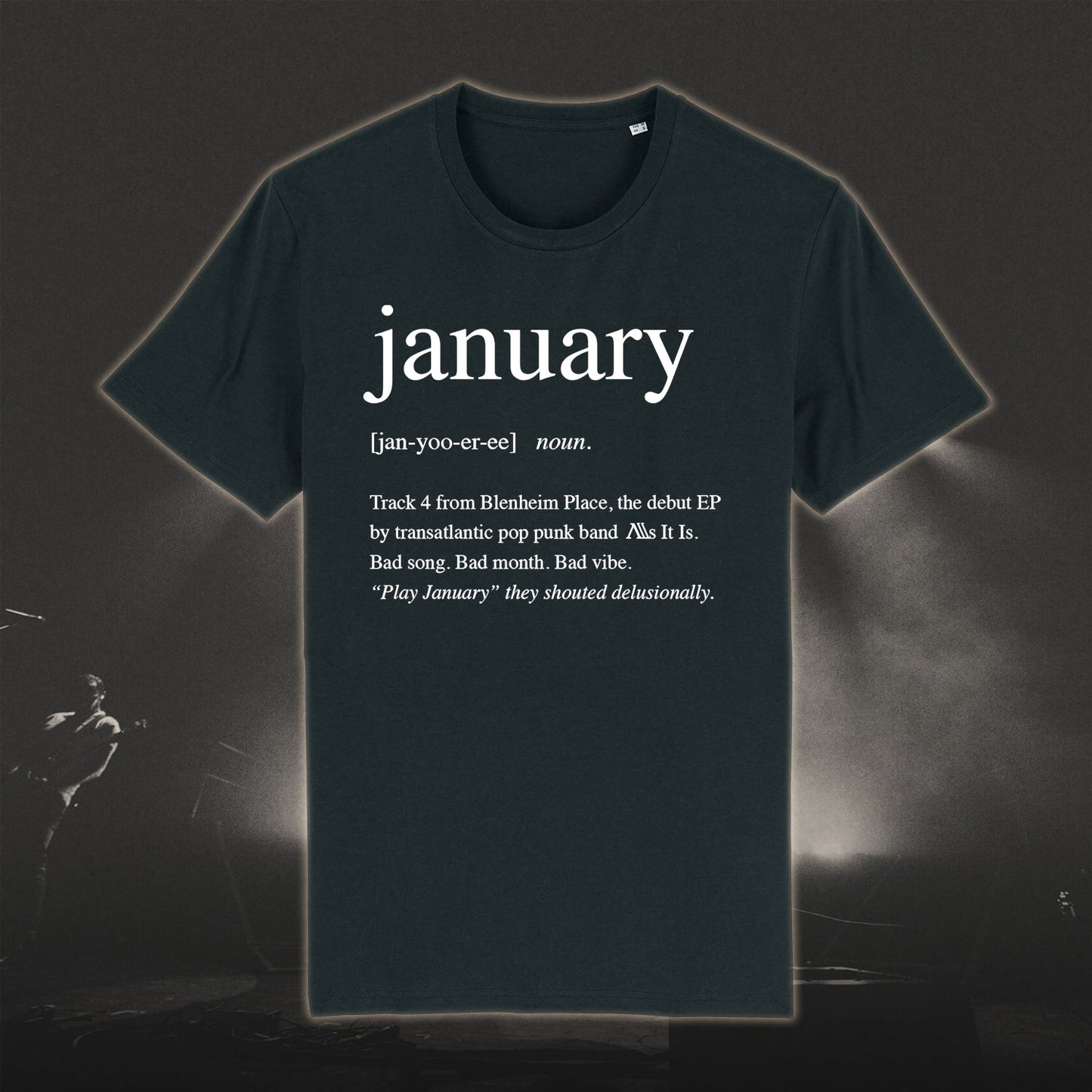 Dark green January T-Shirt with printed design and unisex fit featuring white text
