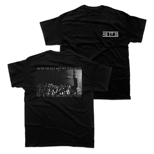 Black live shot t-shirt featuring AS IT IS text on front and concert image on back