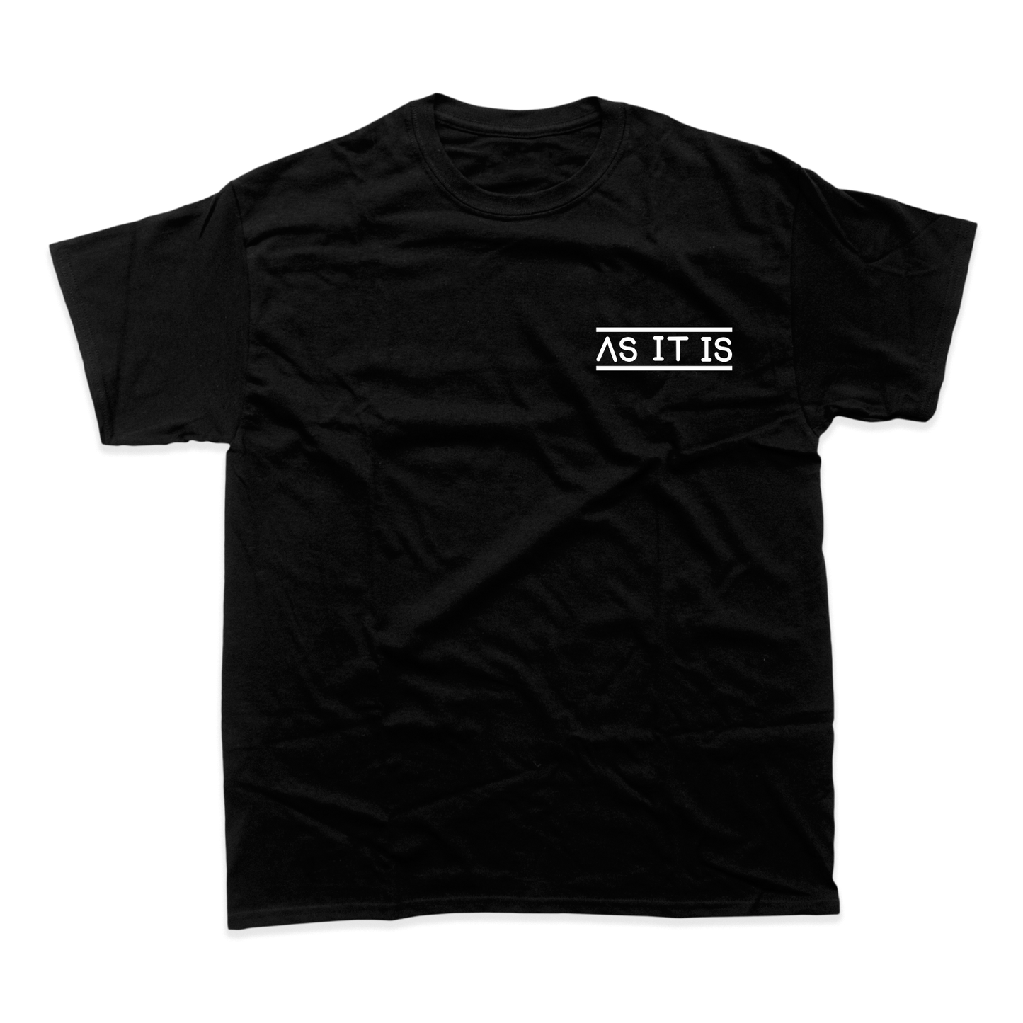 Black live shot t-shirt featuring a bold printed design of AS IT IS on the chest