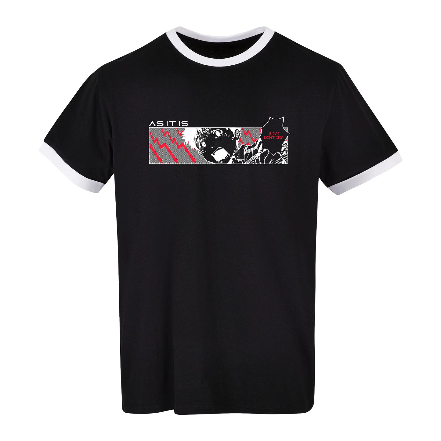 Black unisex fit t-shirt featuring a printed design with Manga Boys Don’t Cry graphic