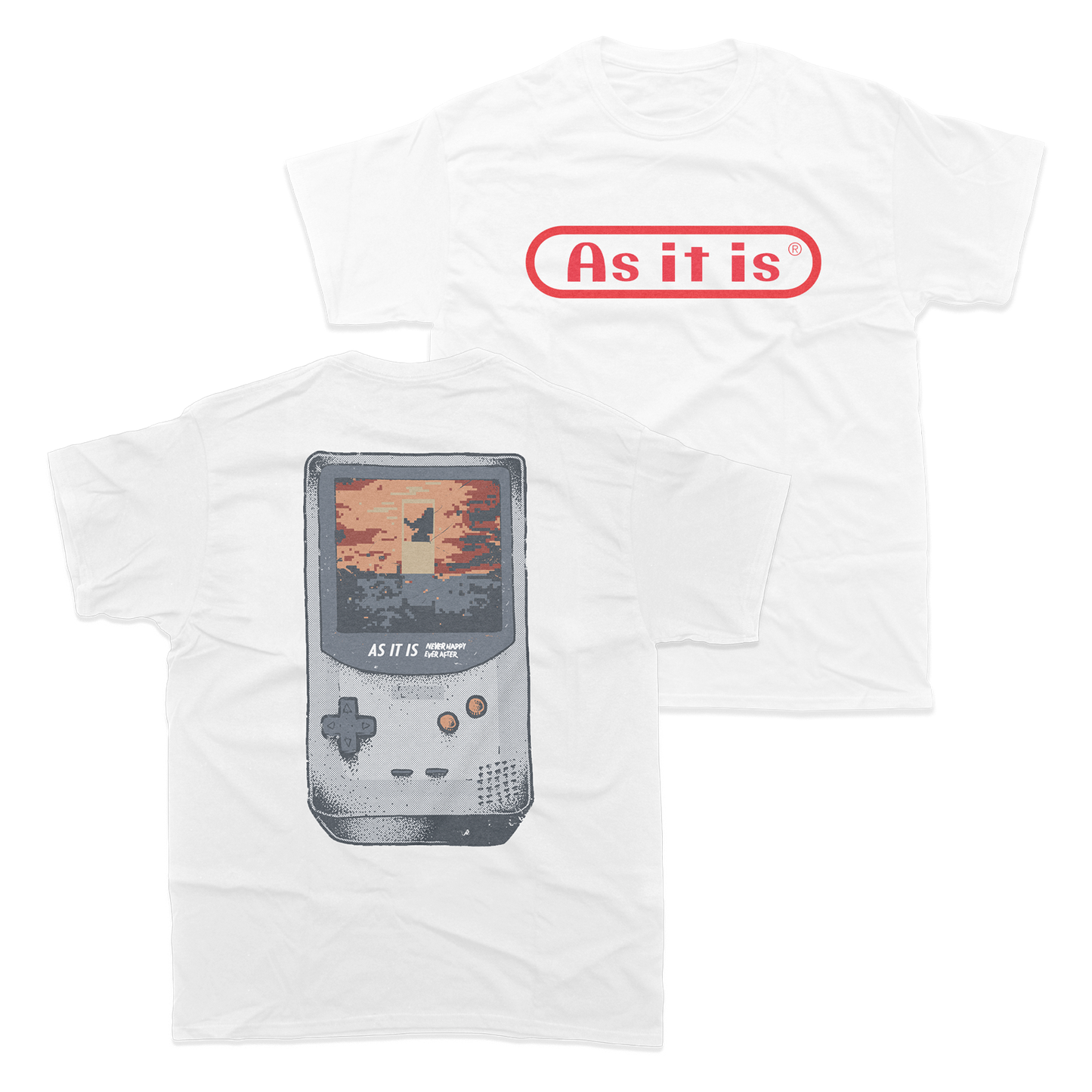 Two white Gameboy T-shirts from As It Is Never Happy Ever After X Slam Dunk Records POD