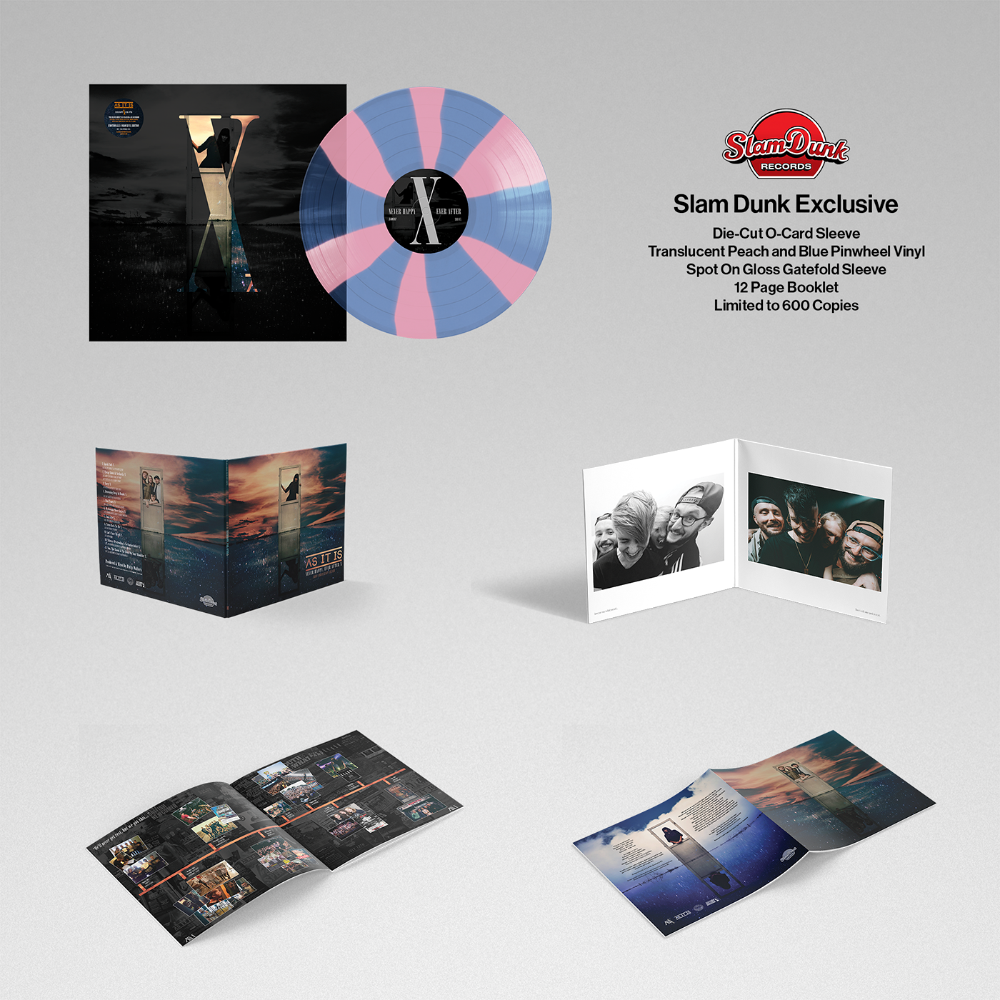 Vinyl record album with pink and blue pinwheel design for Slam Dunk Exclusive release