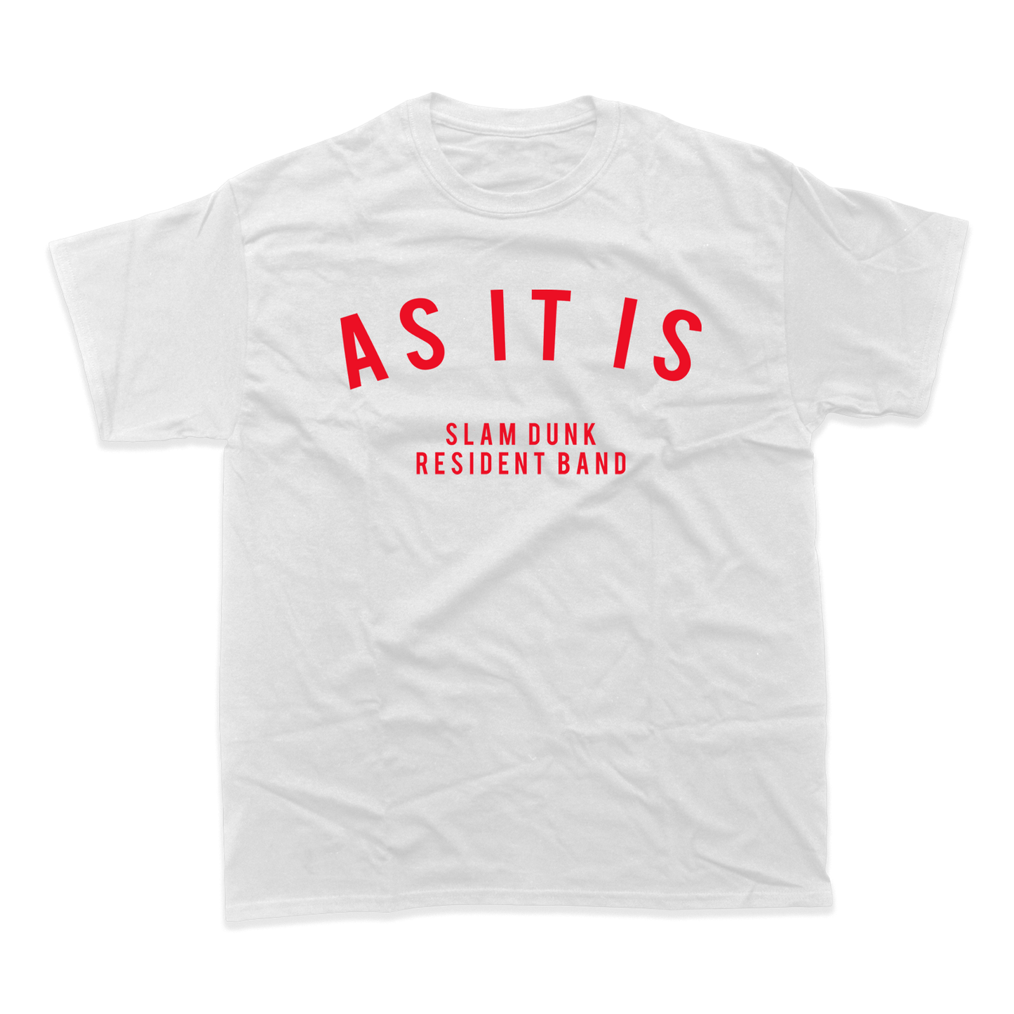 White t-shirt with red text featuring a printed design for Resident Band T-Shirt