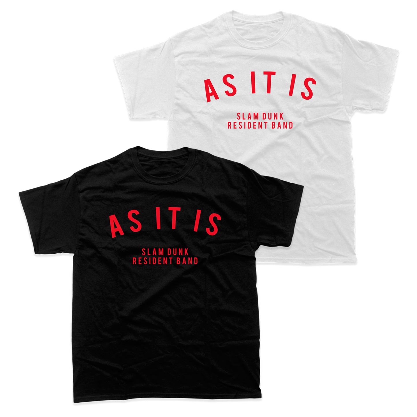 Two AS IT IS Resident Band T-Shirts in black and white with a bold printed design