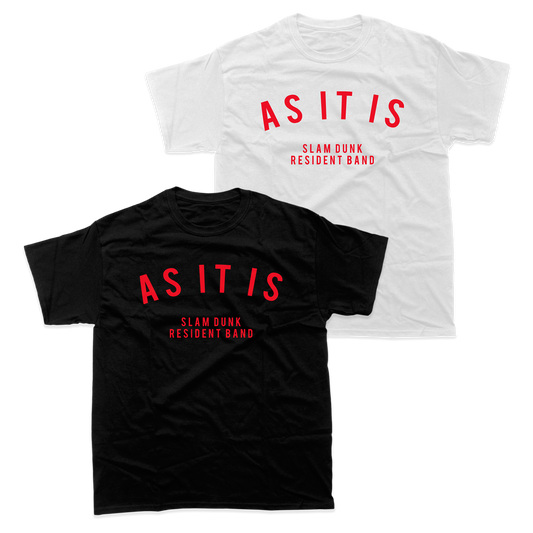 Two AS IT IS Resident Band T-Shirts in black and white with a bold printed design