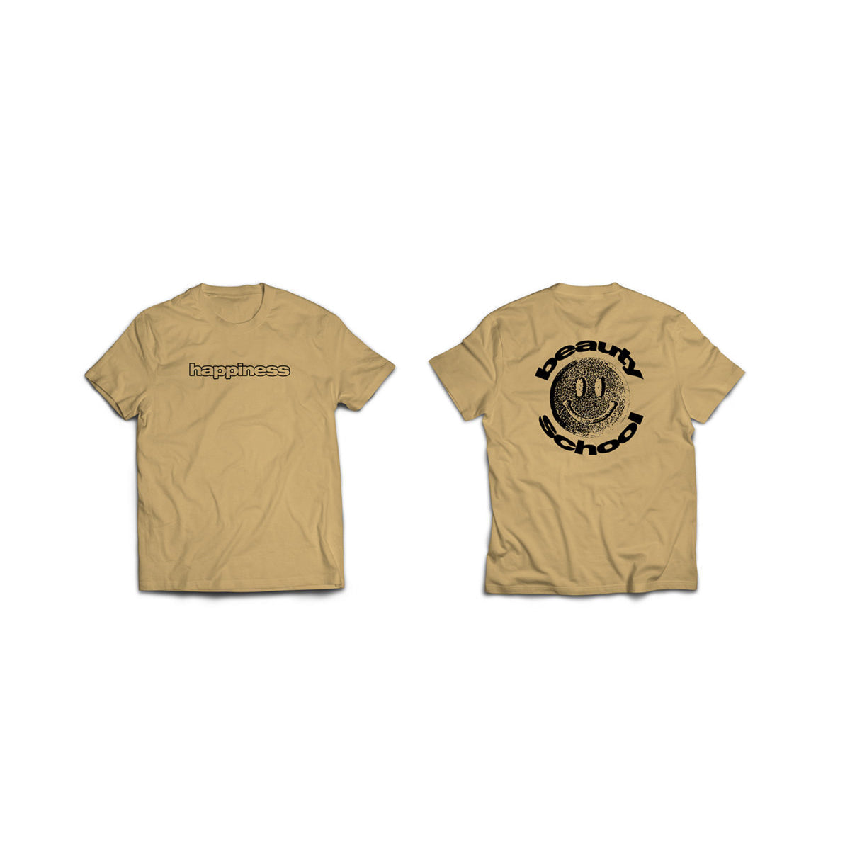 Tan Happiness T Shirt from Beauty School featuring unique front and back designs