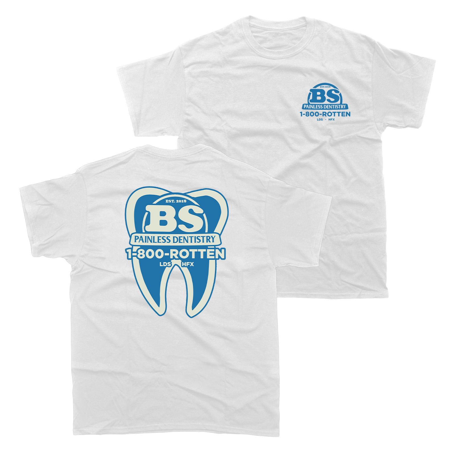 White beauty school rotten t shirt with blue tooth design for stylish casual wear