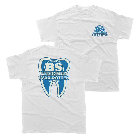 White beauty school rotten t shirt with blue tooth design for stylish casual wear