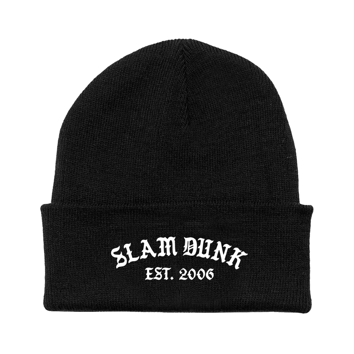 Blackletter beanie in black knit with white slam dunk est. embroidery