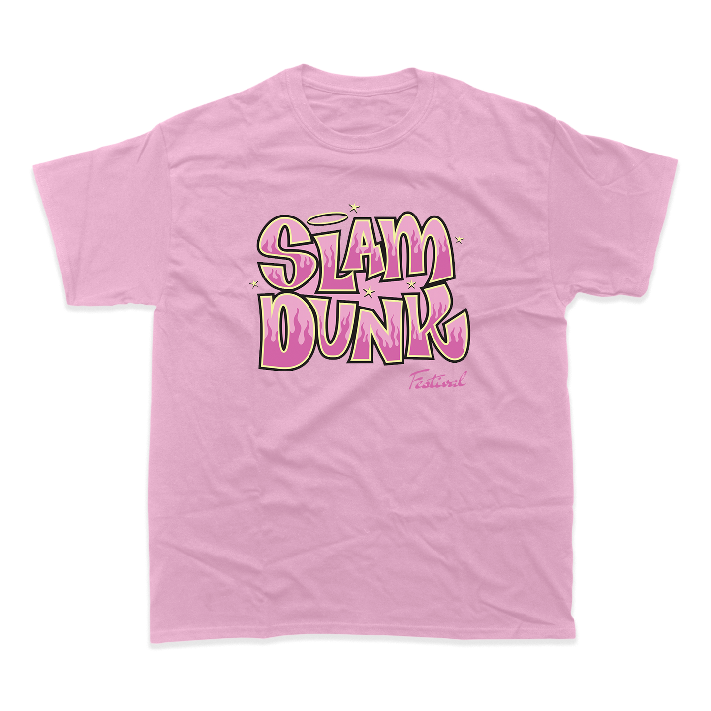 Pink bratz t-shirt with soft short sleeves featuring bold stylized siam dunk graphic and star accents in gradient colors