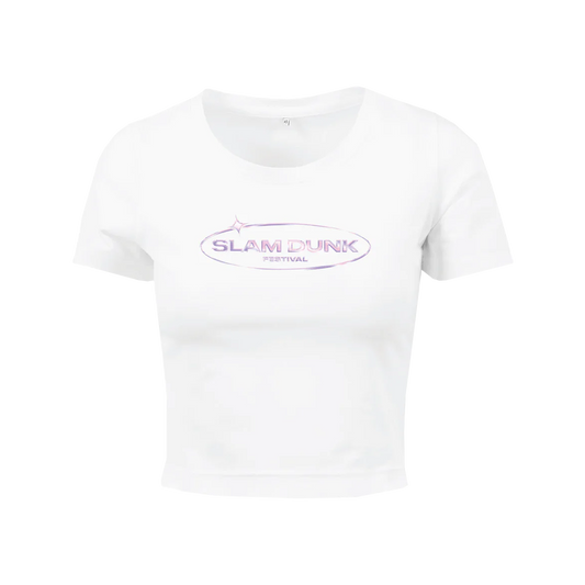 White CALI FESTIVAL CROP featuring pastel ’SLAM DUNK’ print for a trendy festival look