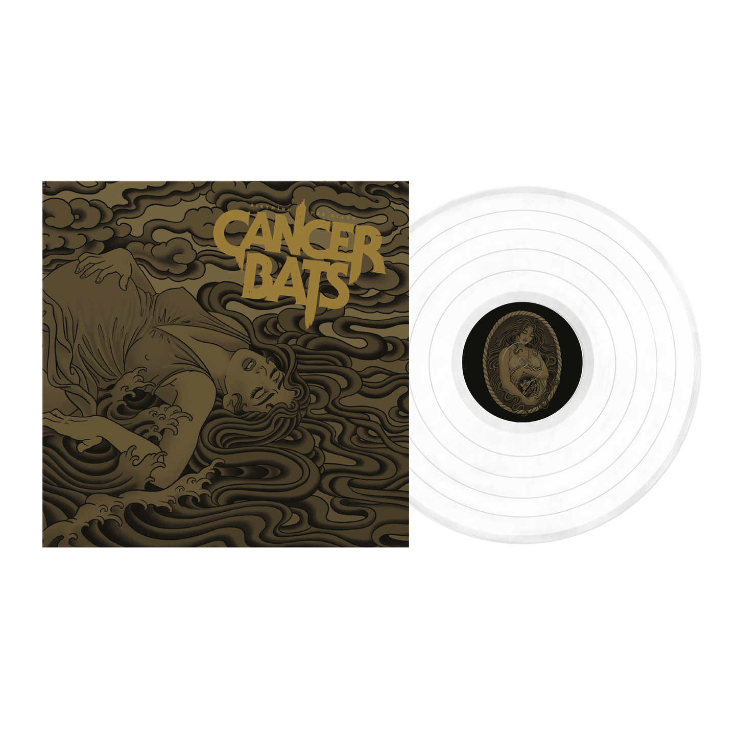 Cancer bats birthing the giant lp glass clear white vinyl with black label and gold illustration plus band logo cover art