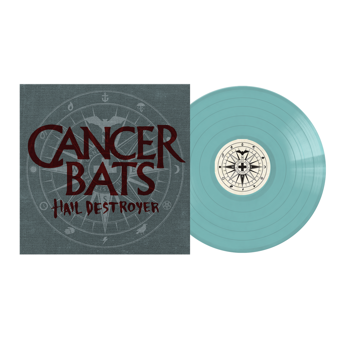 Sky blue vinyl record of cancer bats hail destroyer lp with white compass center label
