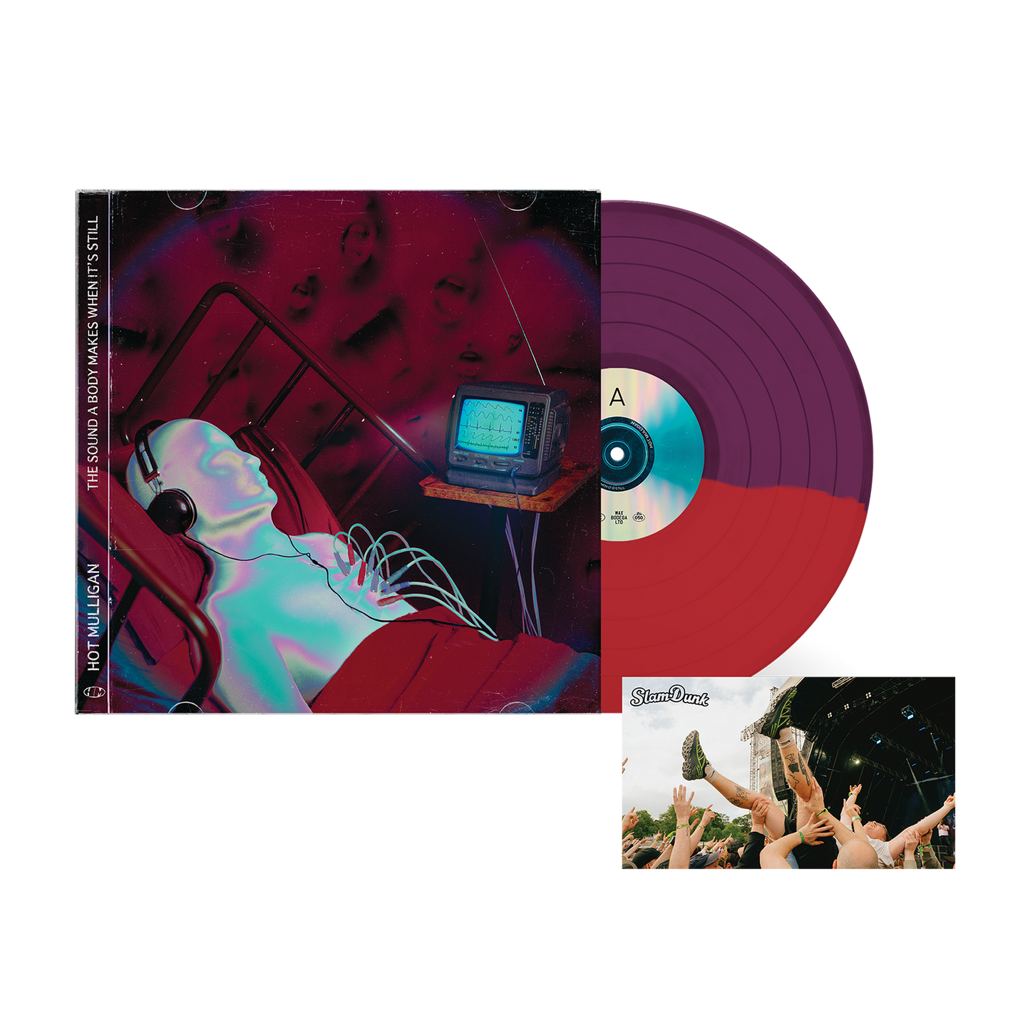 Vinyl record and album cover for Hot Mulligan The Sound a Body Makes When It’s Still LP with purple and red split design
