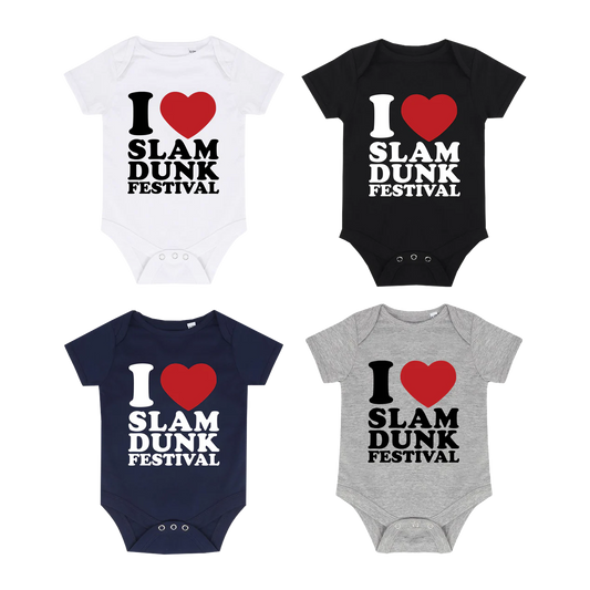 Four baby onesies featuring I Heart Slam Dunk Festival design in Love Slam Dunk Babygrow collection