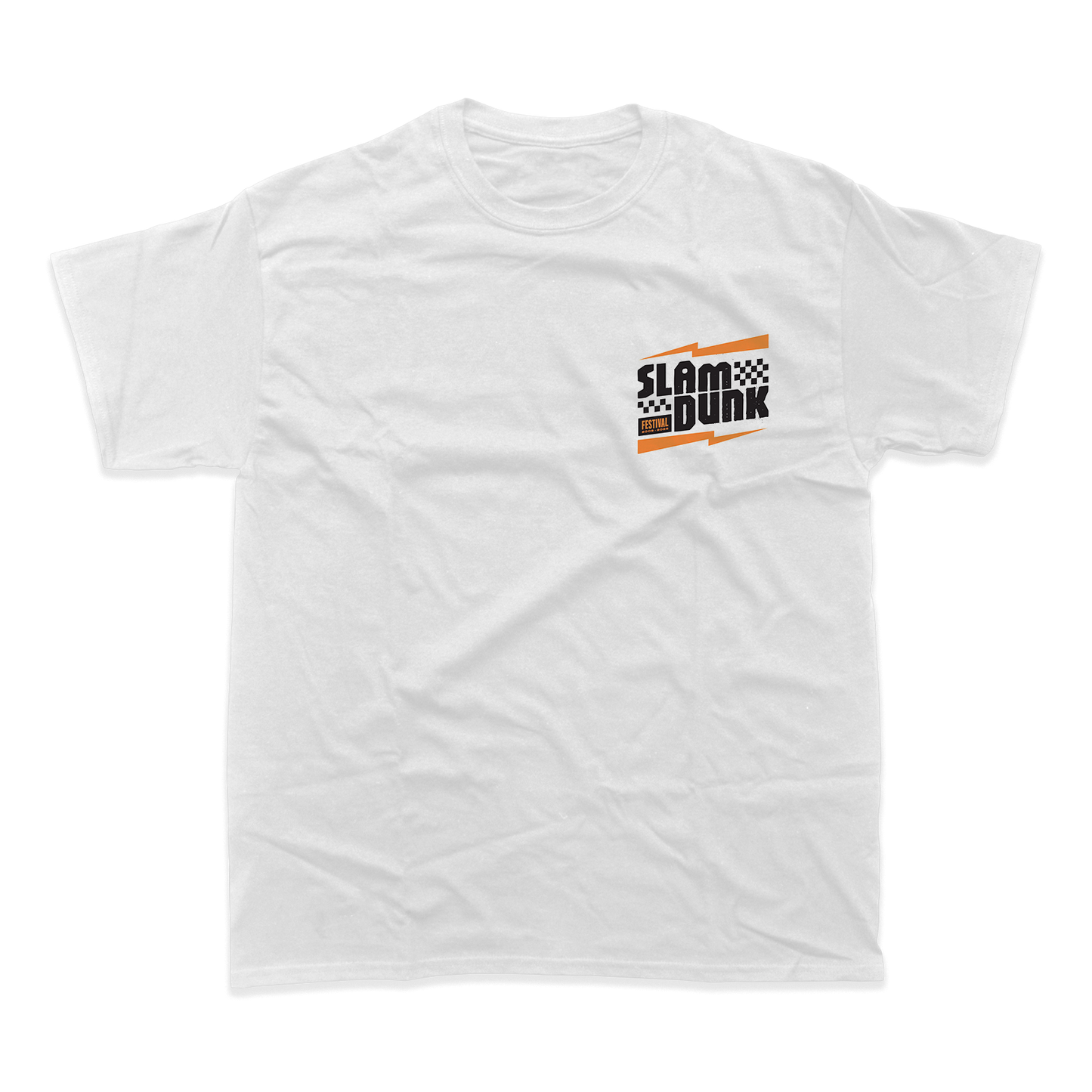 White cotton kickstart t-shirt with bold slam dunk festival graphic in black orange and checkered flag accents