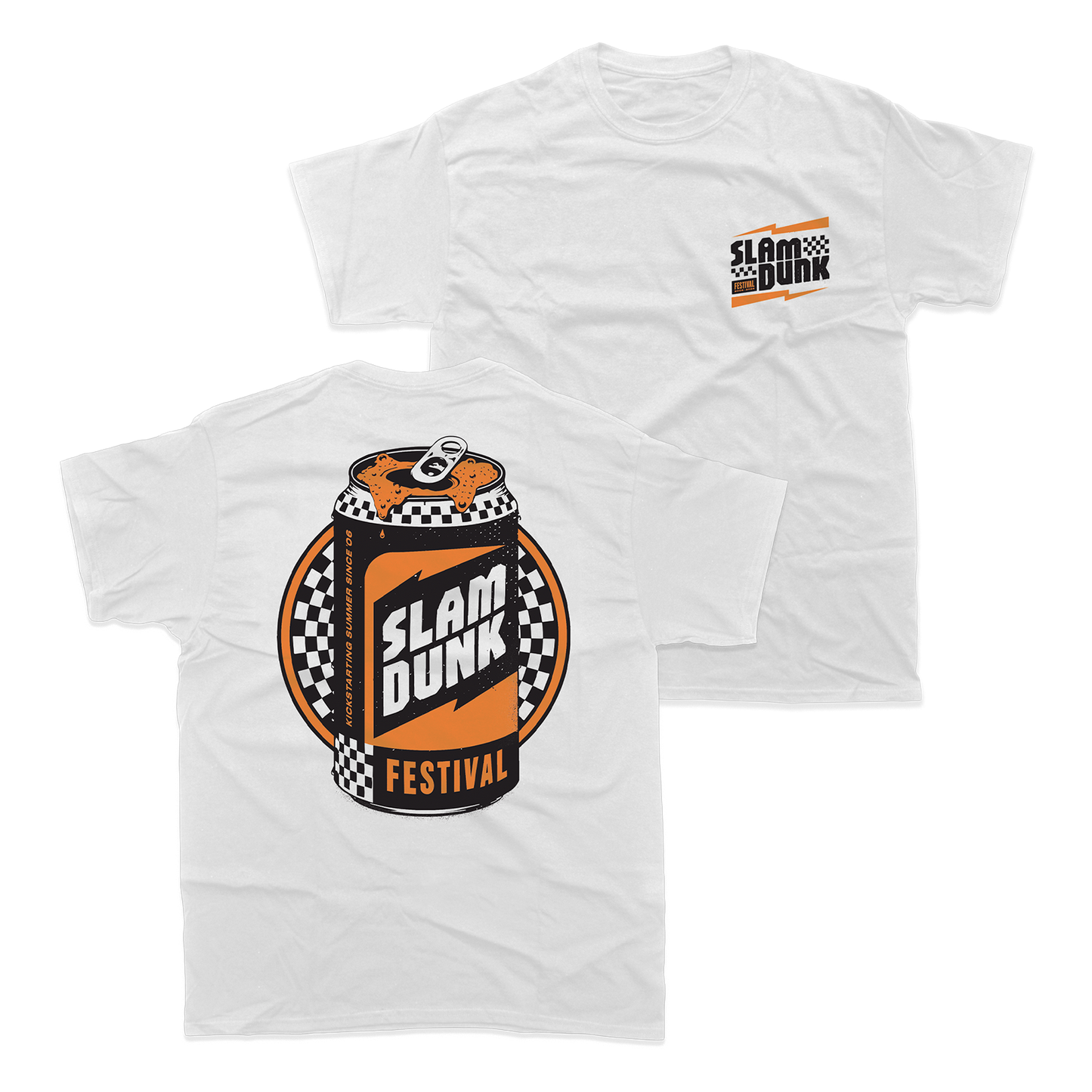 White small kickstart t-shirt featuring bold orange and black slam dunk festival soda can graphic with checkered flags