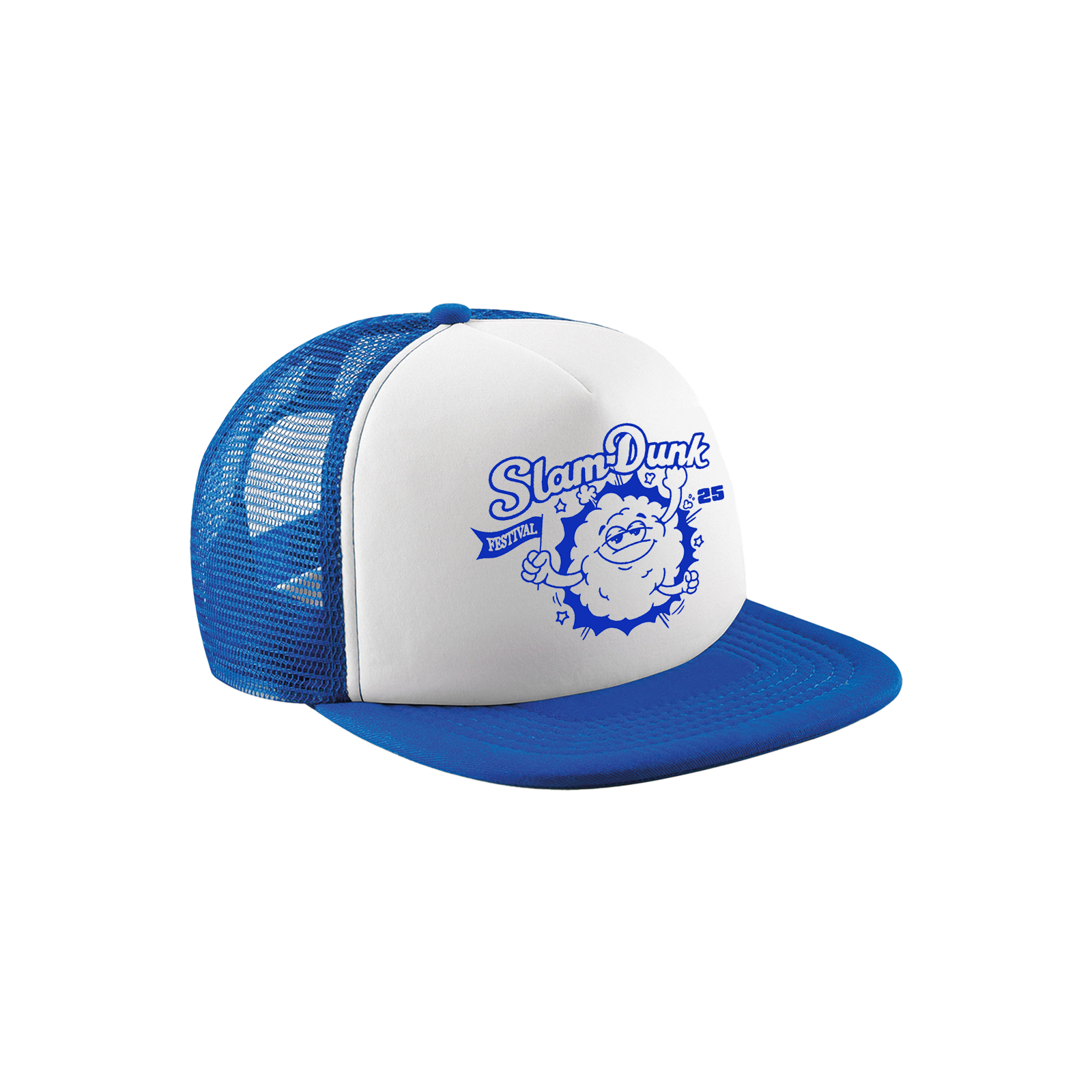 Blue and white kids mascot trucker cap showcasing mascot trucker cap style