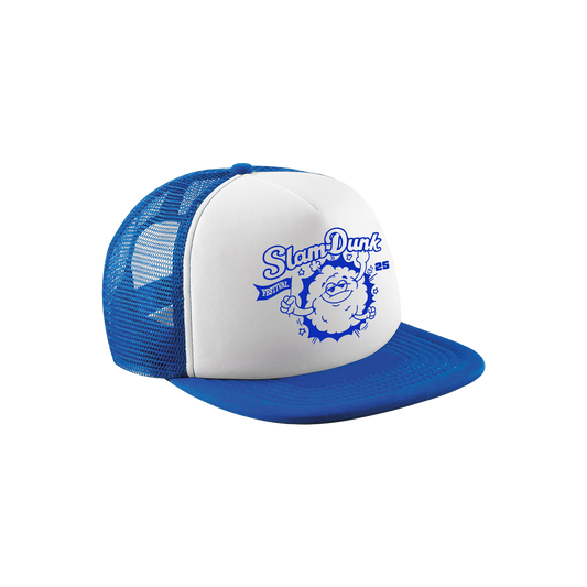 Blue and white kids mascot trucker cap showcasing mascot trucker cap style