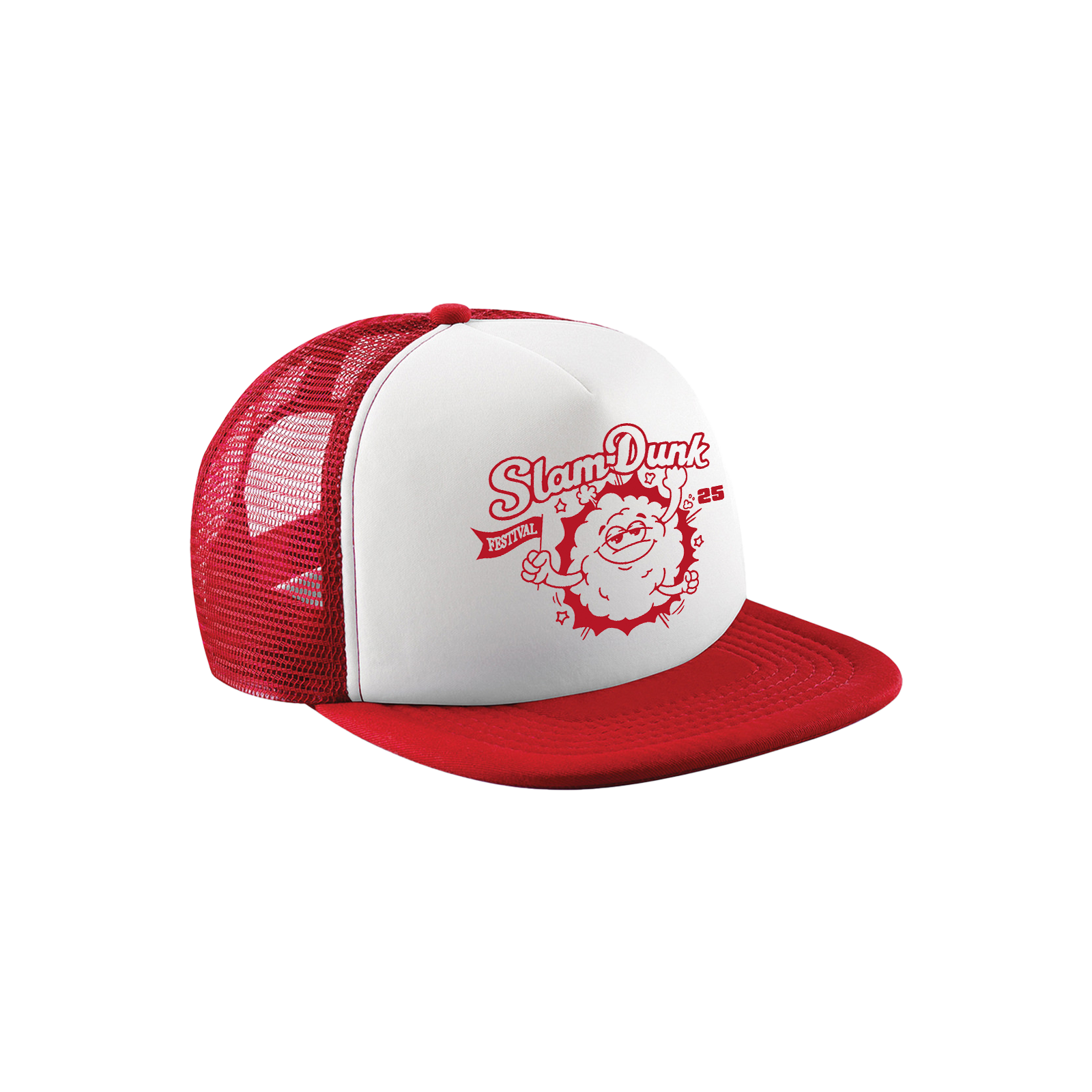 Kids mascot trucker cap in red and white, perfect for kids mascot fashion