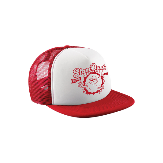 Kids mascot trucker cap in red and white, perfect for kids mascot fashion