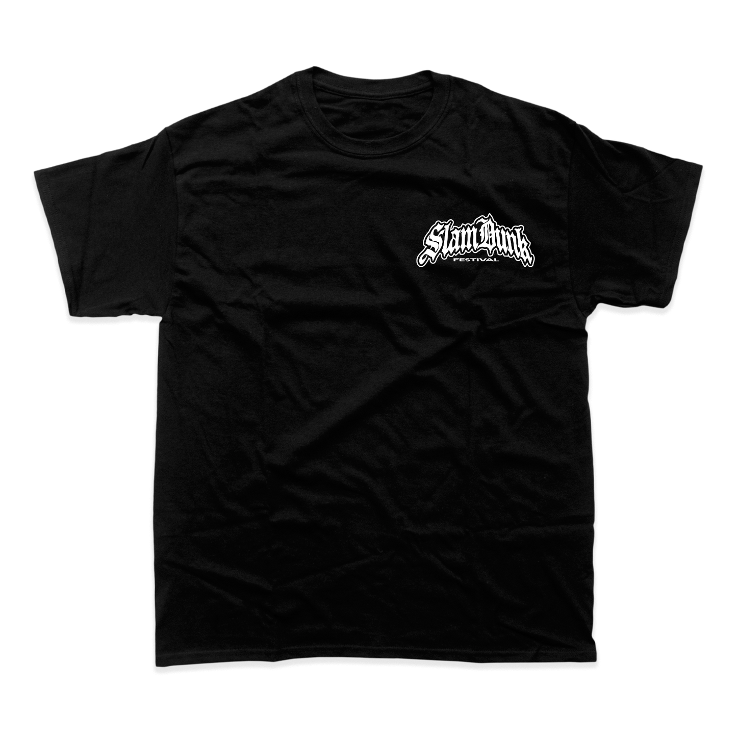 Black short-sleeved metal logo t-shirt with white slam dunk festival print perfect as a horse t-shirt