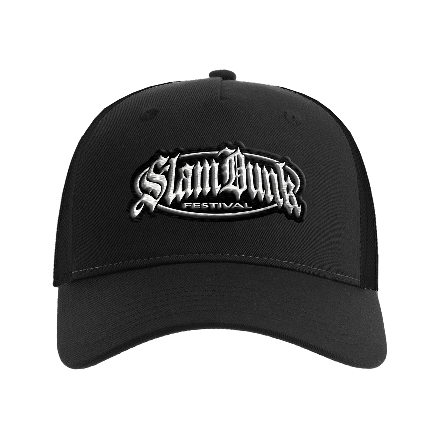 Black metal logo trucker cap featuring a white and silver embroidered slam dunk festival logo in stylized lettering
