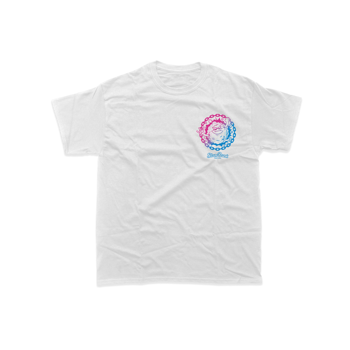 White cotton moshy kids t-shirt featuring a colorful circular graphic with pink and blue gradients and a cartoon character