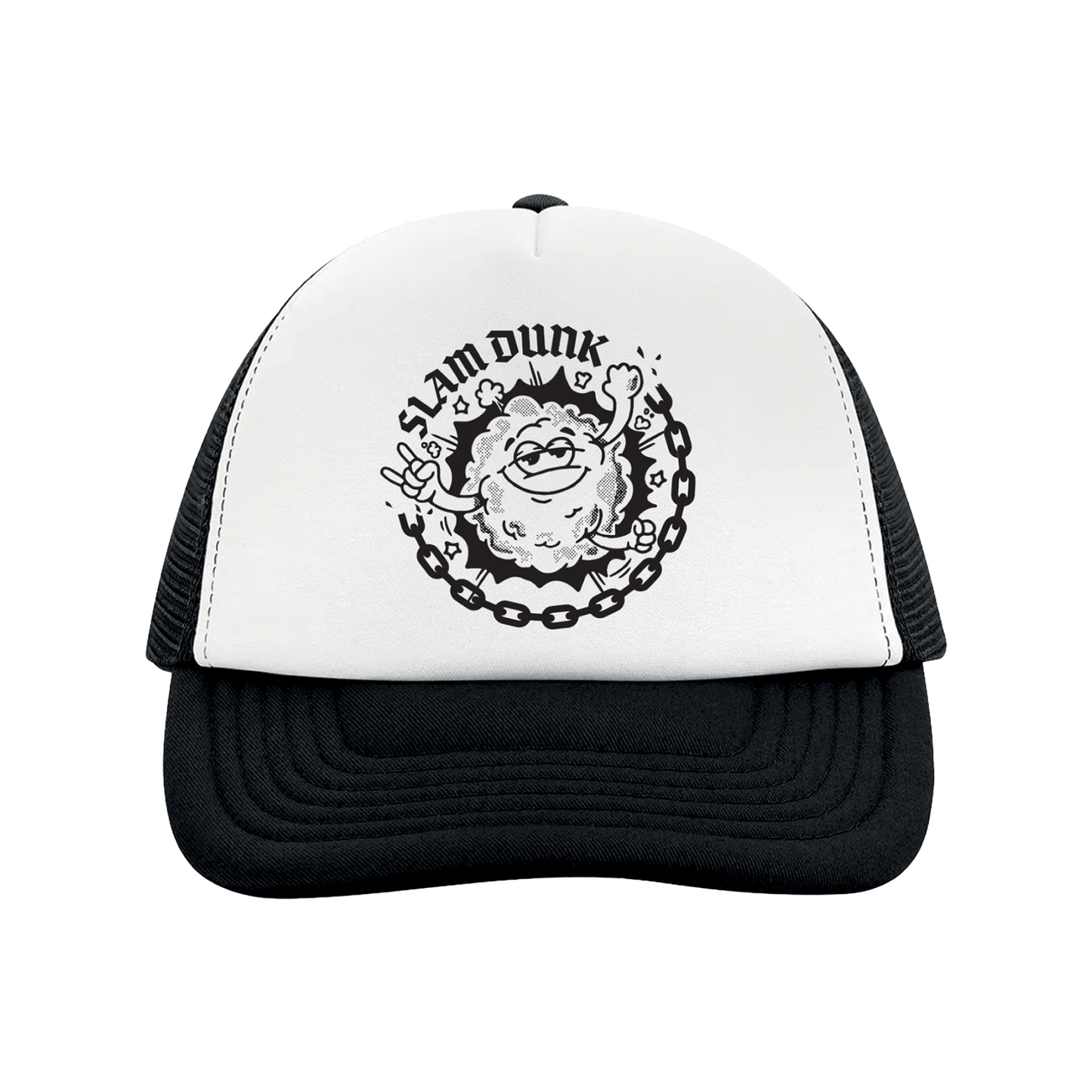 Moshy Kids trucker cap black-white with white and black mesh and bold slam dunk cartoon graphic
