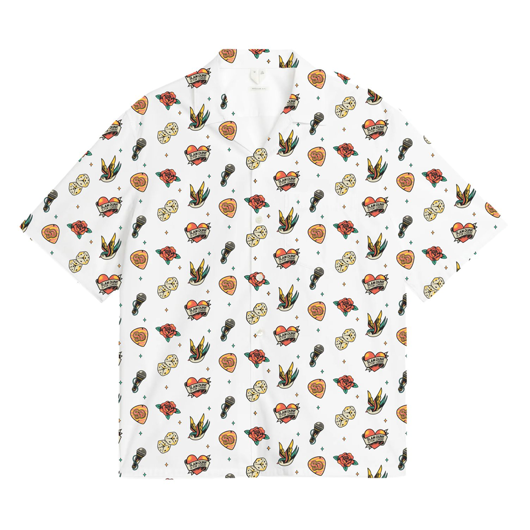 Short-sleeved white SD Icon Hawaiian Shirt featuring a colorful tattoo-inspired pattern