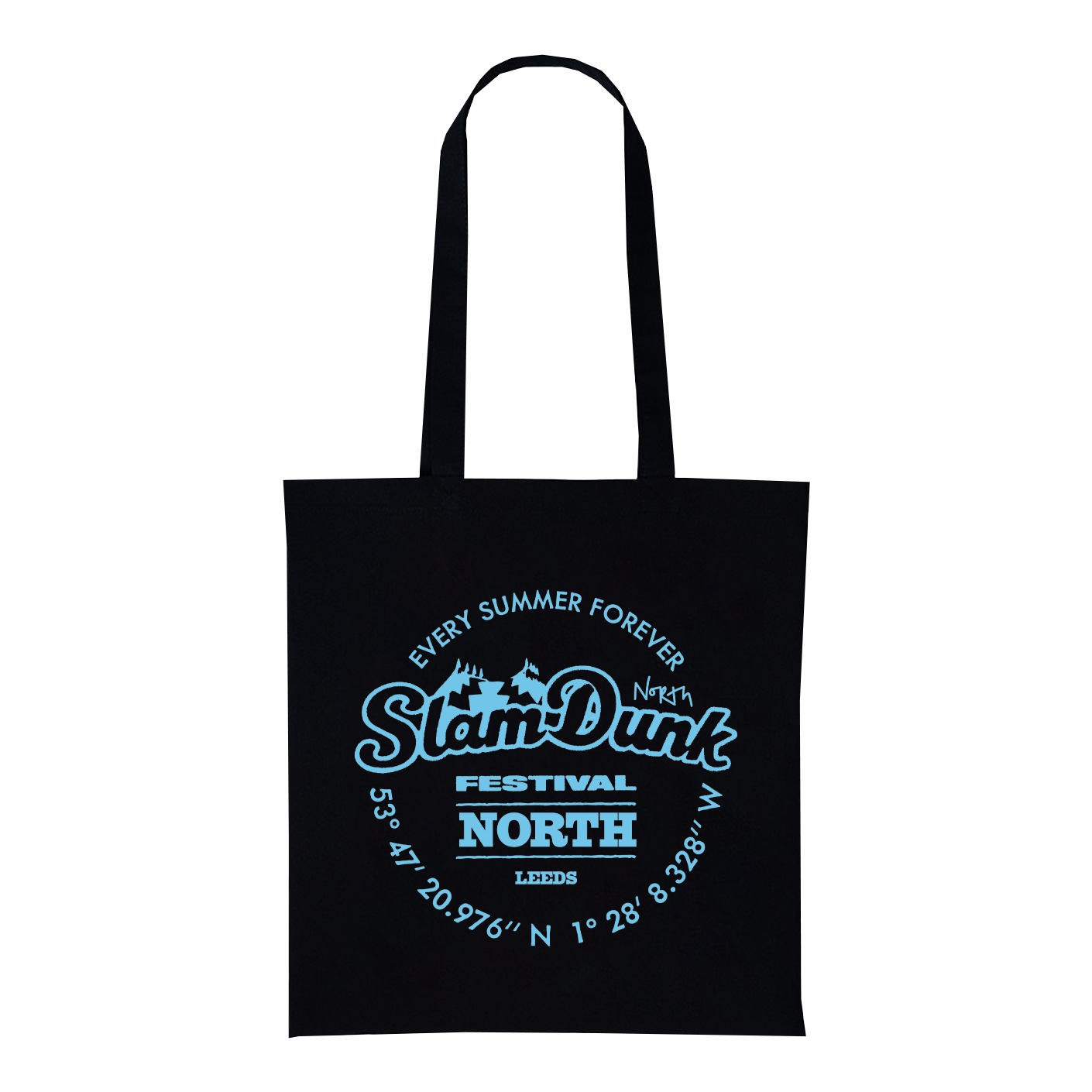 Black canvas sdf north tote bag with glowing light blue slamdunk festival north logo and mountain coordinates