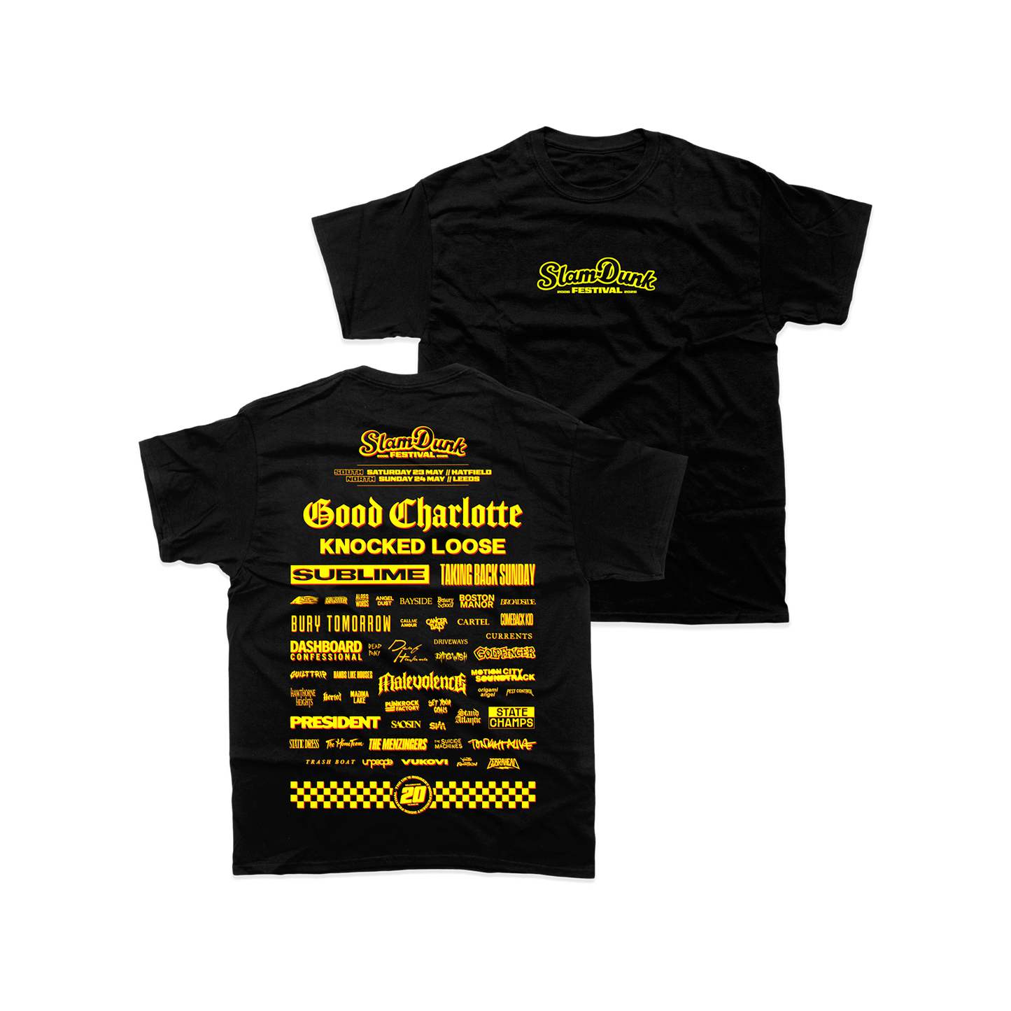 Black cotton sdf26 lineup kids t-shirt with bold yellow slam dunk festival lineup graphic print and band names