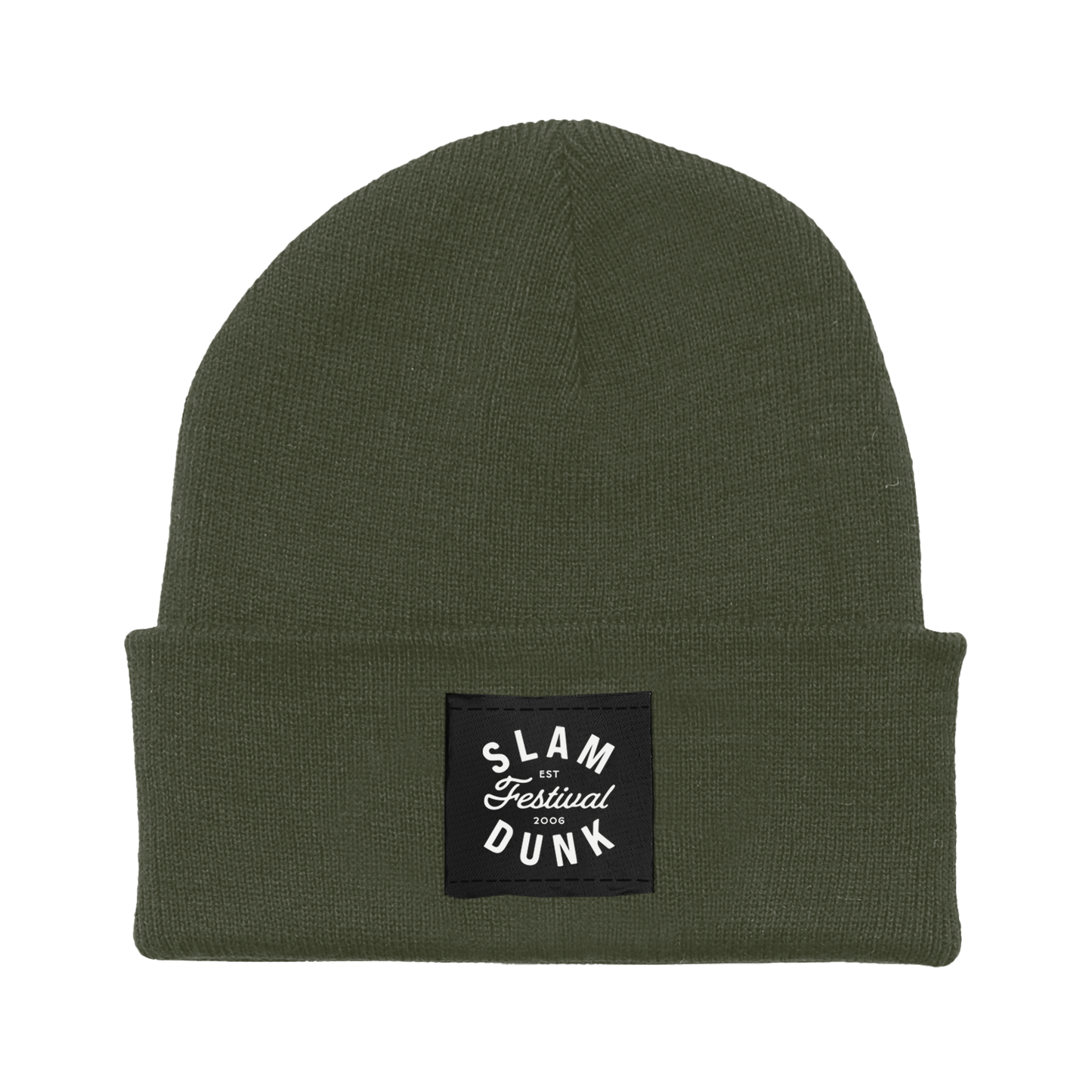 Olive green knit beanie with a black patch reading slam dunk festival 2006 from the since 06 beanie collection