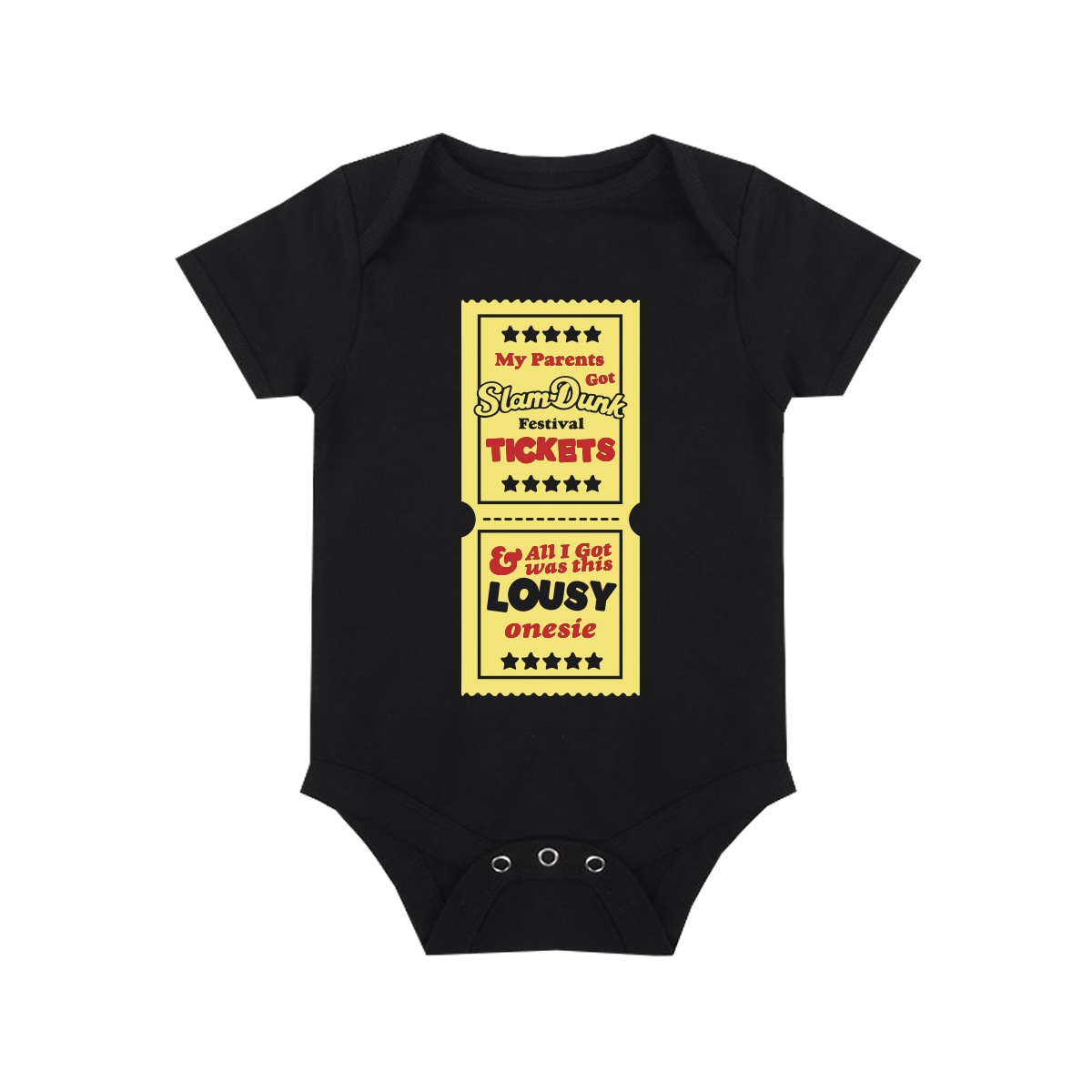 Black tickets babygrow with yellow ticket graphic on short-sleeved onesie