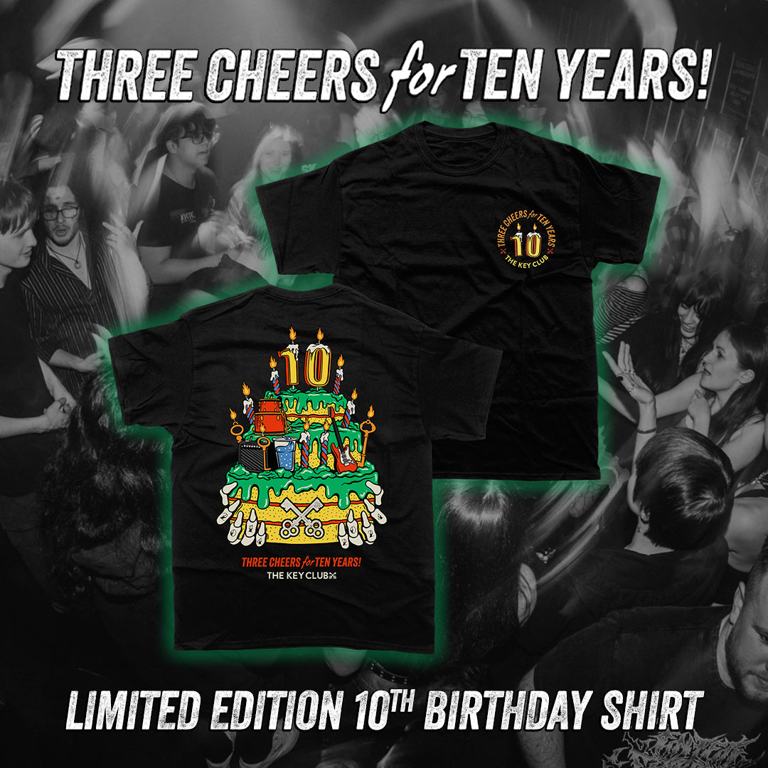 Black TKC 10th Birthday Limited Edition T-Shirt featuring colorful beer cake design