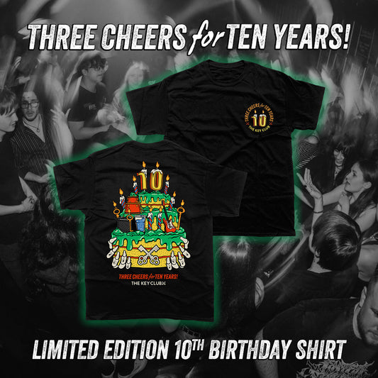 Black TKC 10th Birthday Limited Edition T-Shirt featuring colorful beer cake design