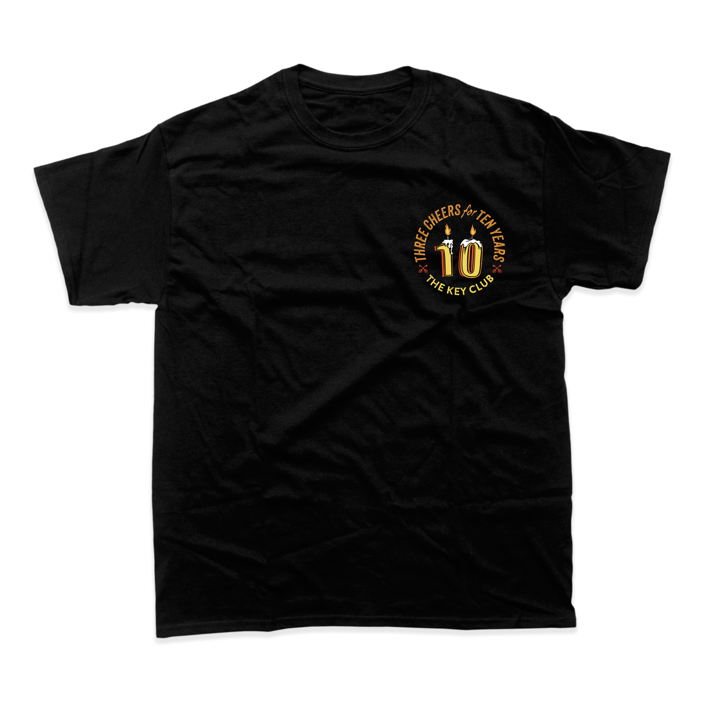 Black TKC 10th Birthday Limited Edition T-Shirt featuring a gold logo on the chest