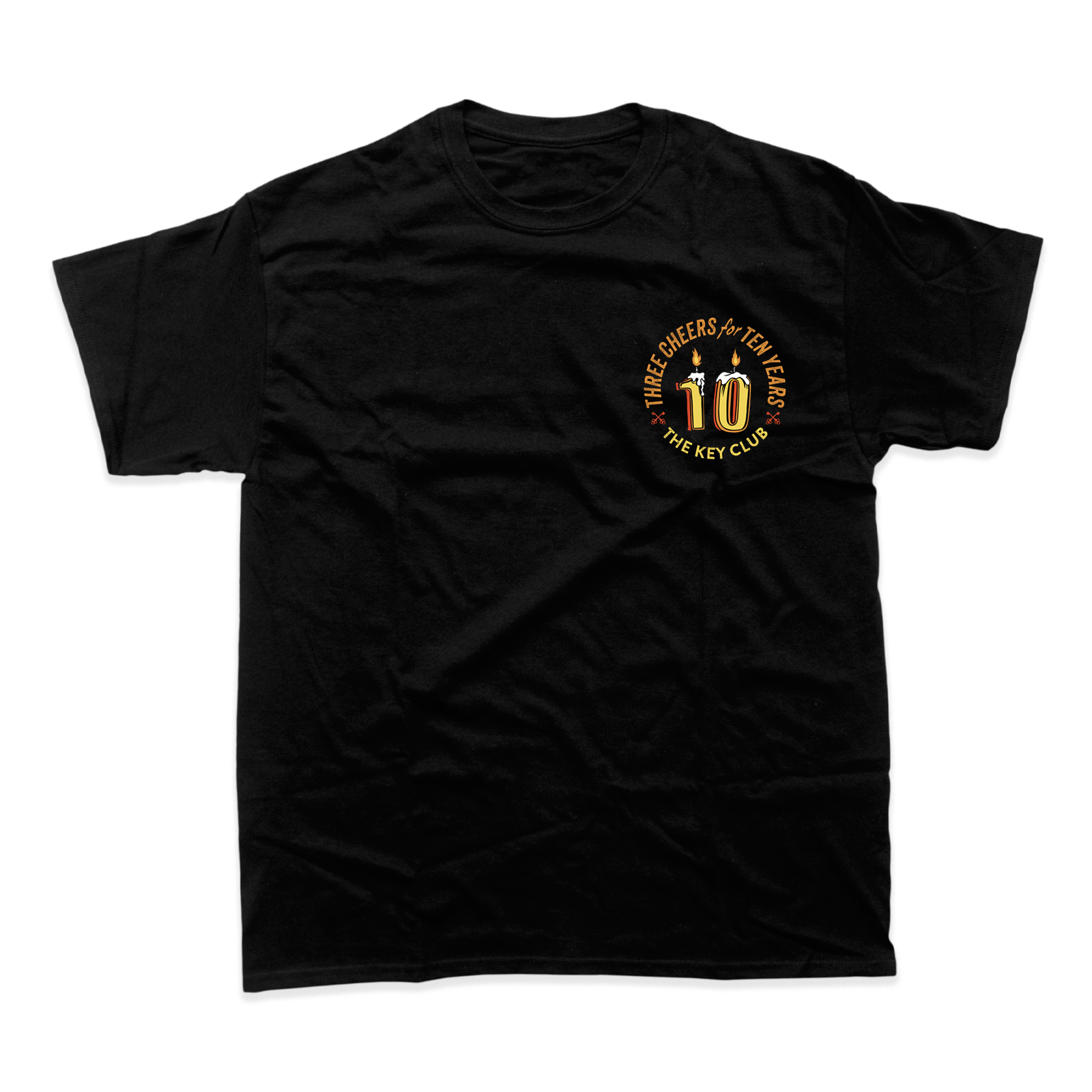 Black TKC 10th Birthday Limited Edition T-Shirt featuring a gold logo on the chest